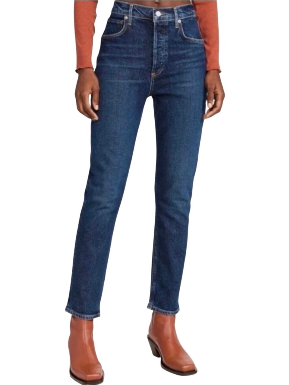 Agolde Riley Long Slim Straight Jeans High Rise Button Fly Dark Wash 29